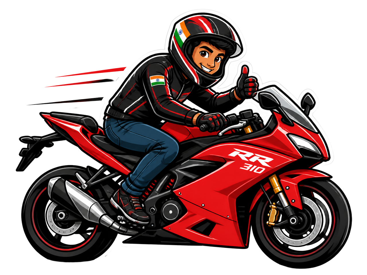 Cartoon rider riding a red motorcycle at speed